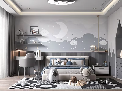 Gray Toned Kids Bedroom With Cloud Moon Wall Art And Toys 3d model