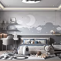 Gray Toned Kids Bedroom With Cloud Moon Wall Art And Toys