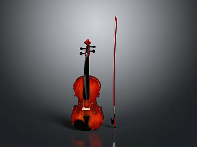 Classic Violin and Bow Musical Instrument Display on Gray Background with Smooth Surface 3d model