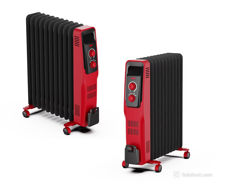 Portable Red And Black Electric Heaters With Wheels And Control Knobs 3d model 