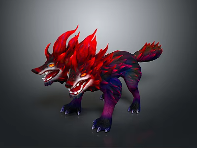 Fierce Two Headed Wolf Mythical Creature Fantasy Character With Red Flaming Mane And Glowing Eyes 3d model