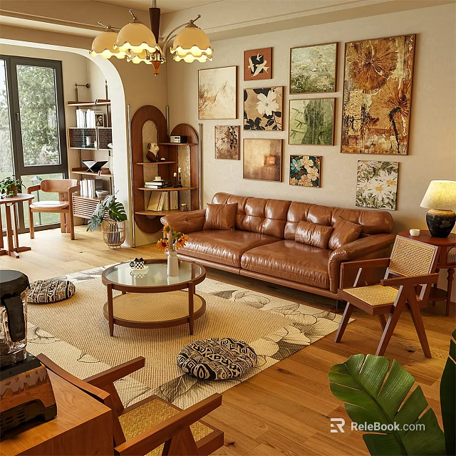Cozy Living Room With Brown Leather Sofa Coffee Table Rug And Wall Art 3d model 