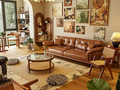 Cozy Living Room With Brown Leather Sofa Coffee Table Rug And Wall Art 3d model