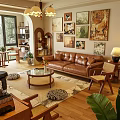 Cozy Living Room With Brown Leather Sofa Coffee Table Rug And Wall Art