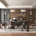 Cozy Modern Restaurant Interior With Wooden Dining Table Hanging Pendant Lights And Wine Cabinet
