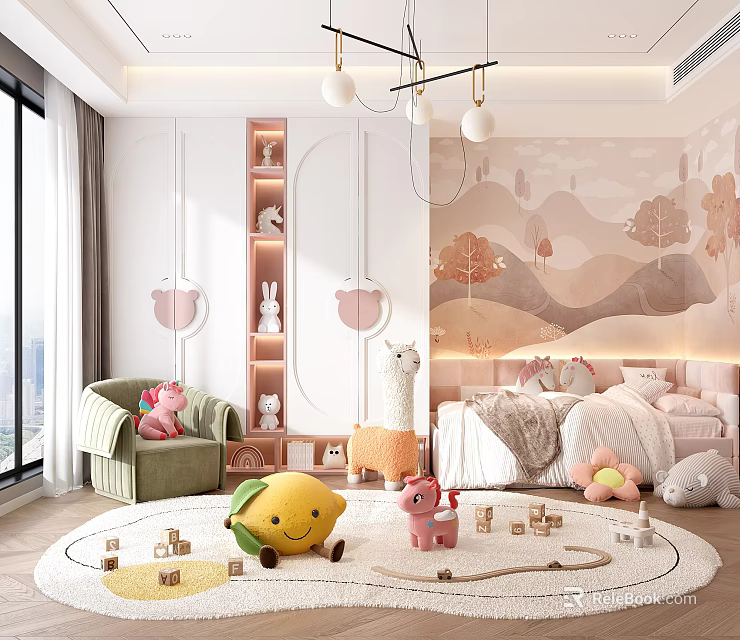 Cozy Kids Bedroom With Plush Toys Round Rug And Wall Art 3d model 