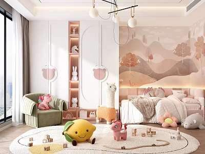 Cozy Kids Bedroom With Plush Toys Round Rug And Wall Art 3d model