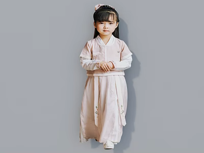 Young Girl in Light Pink Hanfu with Double Buns Hairstyle Against Gray Background 3d model