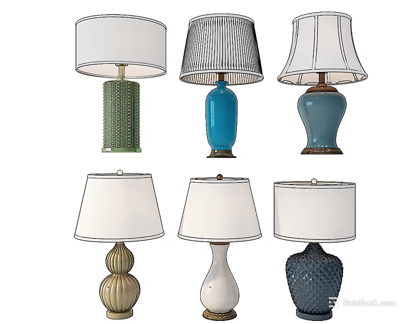 Various Table Lamps With Different Base Colors And Lamp Shade Designs 3d model