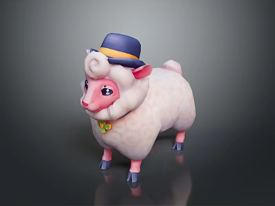 Cute Cartoon Sheep With White Wool Blue Hat Yellow Band And Green Bowtie 3d model