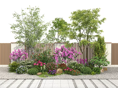 Colorful Garden Flowers And Plants With Wooden Fence And Stone Path 3d model
