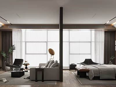 Modern Hotel Room Interior With Large Windows Sofa Bed And Wooden Floor 3d model