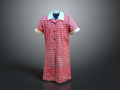 Red Plaid Short Sleeve Dress With White Collar And Light Cuffed Sleeves 3d model