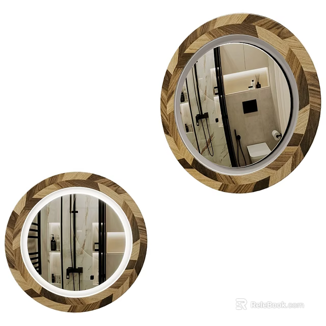 Modern Decorative Round Mirrors With Herringbone Wooden Frames For Bathroom Interior Design 3d model