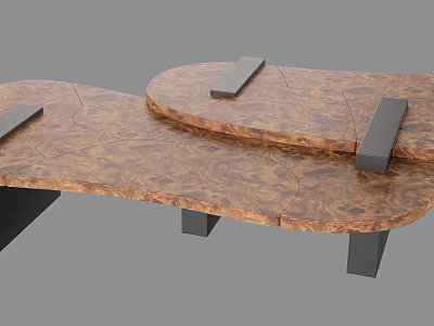Unique Wooden Coffee Table With Irregular Shape And Black Metal Legs 3d model