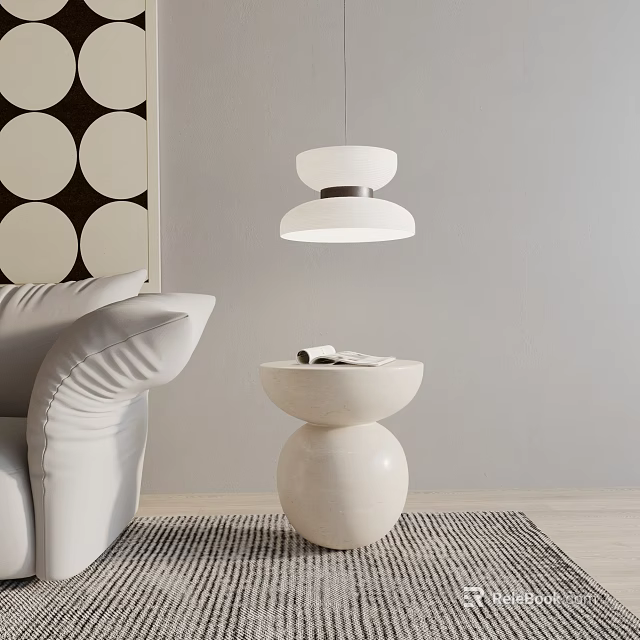 Modern White Marble Side Table with Round Base Round Top Book on Surface White Sofa 3d model