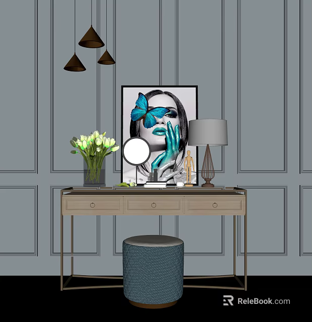 Elegant Modern Dressing Table With Round Mirror Vase Lamp And Decorative Art 3d model