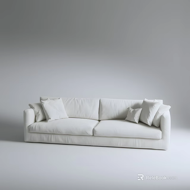 Modern White Three Seater Sofa with Plush Cushions on Neutral Grey Background 3d model