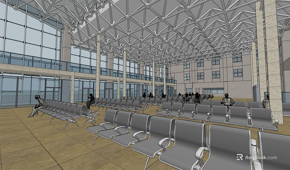 Modern Station Interior With Metal Grid Ceiling Glass Windows And Seats For Passengers 3d model 