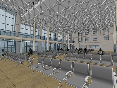 Modern Station Interior With Metal Grid Ceiling Glass Windows And Seats For Passengers 3d model