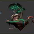 Floating Island Scene With Large Green Tree Wooden Hut Bridge Pond Fish And Boat