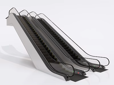 Modern Dual Escalators With Black Handrails Silver Frame And Steps 3d model