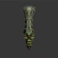 Detailed Feathered Dinosaur Head With Green Yellow Plumage And Red Eyes