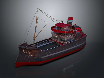 Vintage Steamboat Model with Red Upper Deck Paddle Wheel and Dark Hull Decorative Rope Details 3d model