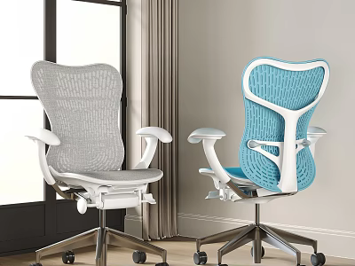 Two Modern Office Chairs Gray And Blue With Mesh Backrest Adjustable Arms And Swivel Wheels 3d model