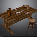 Wooden Table Setup With Red Vase Cookies Plate Beer Mug Poker Cards And Wooden Stool