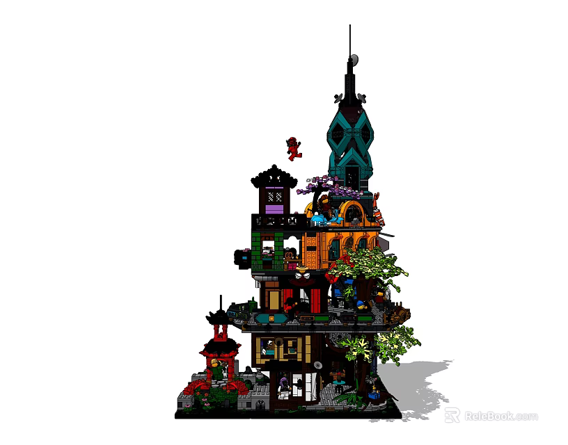 Building Blocks Multi Level Tower with Colorful Structures Decorative Plants and Figures 3d model