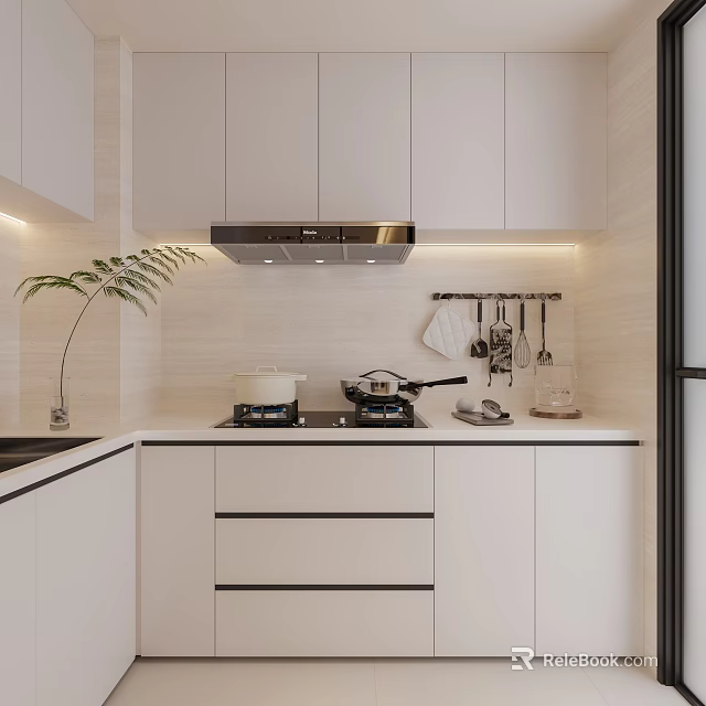 Modern Kitchen Interior With White Cabinets Stove Range Hood And Green Plant 3d model 
