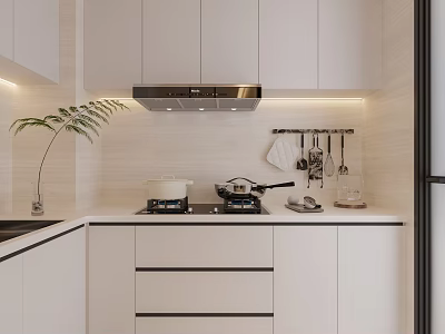 Modern Kitchen Interior With White Cabinets Stove Range Hood And Green Plant 3d model
