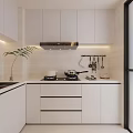 Modern Kitchen Interior With White Cabinets Stove Range Hood And Green Plant