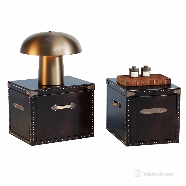 Stylish Riveted Bedside Tables With Golden Table Lamp Books And Small Bottles 3d model 