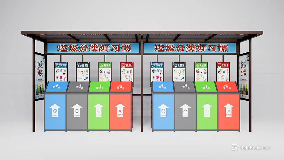 Public Facilities for Waste Sorting with Colorful Trash Bins and Classification Signs 3d model 