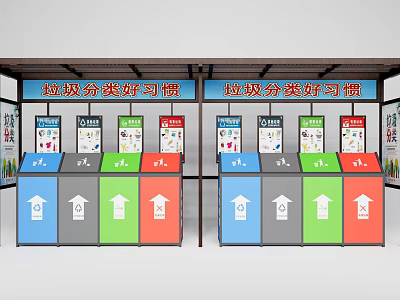 Public Facilities for Waste Sorting with Colorful Trash Bins and Classification Signs 3d model