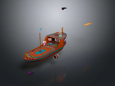 Colorful Patterned Small Boat With Flag And Floating Objects Airplane Orange Purple Items 3d model