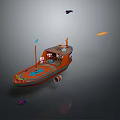 Colorful Patterned Small Boat With Flag And Floating Objects Airplane Orange Purple Items
