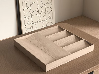 Natural Wooden Tray With Compartments On Modern Wooden Tabletop And Geometric Wall Art 3d model