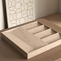 Natural Wooden Tray With Compartments On Modern Wooden Tabletop And Geometric Wall Art