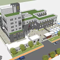 Modern Multi Story Building With Gray Exterior Green Roof Entrance Area And Surrounding Trees