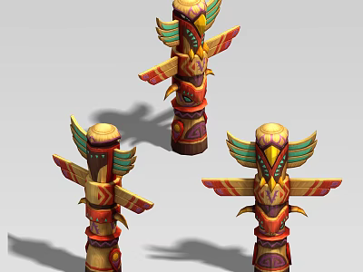 Colorful Carved Totem Poles With Traditional Wing Decorations And Artistic Patterns 3d model