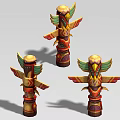 Colorful Carved Totem Poles With Traditional Wing Decorations And Artistic Patterns