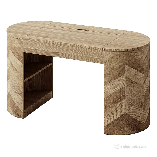 Modern Wooden Desk With Oval Top Herringbone Pattern And Open Shelf 3d model