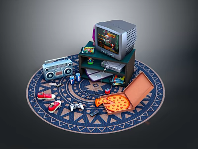 Vintage Laptop Setup With Retro TV Radio Game Controller Pizza And Sneakers On Circular Rug 3d model