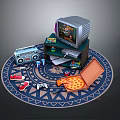 Vintage Laptop Setup With Retro TV Radio Game Controller Pizza And Sneakers On Circular Rug