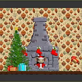 Festive Christmas Indoor Scene With Christmas Tree Fireplace Gifts Stockings And Decorated Walls