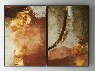 Abstract Wall Art Paintings With Brown Gold Beige Textured Brushstrokes And Black Frames 3d model