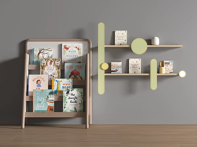 Wooden Bookcase And Wall Mounted Shelves With Colorful Books And Decorative Items 3d model